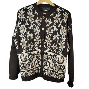 Lauren Alexandra Cardigan Sweater Brown Cream Large Floral Gold Fleck Button VTG